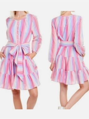 J. Crew Pink and Pastel Striped Long-Sleeve Tiered Dress with Waist Tie